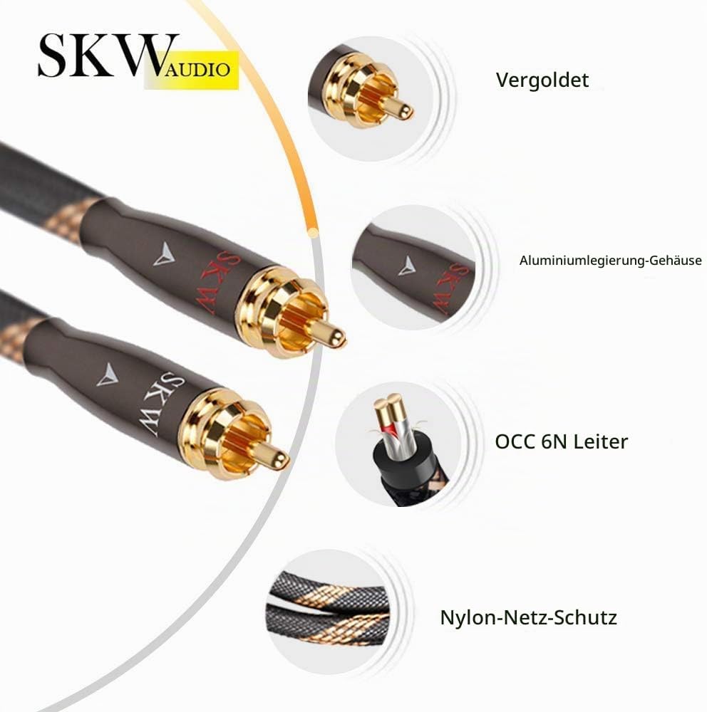 SKW Audiophiles Cinch Audio Kabel, 2 x Cinch zu 2 x Cinch Kabel mit OD 6mm Audiophile Cinch-Kabel (3