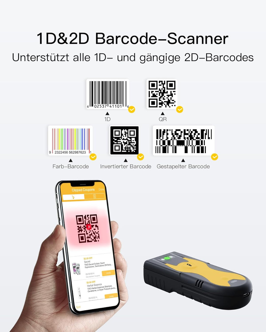 Inateck Mini Barcode Scanner Bluetooth 2D, QR Code Scanner, BCST-42 Gelb | Liest Barcodes von Bildsc