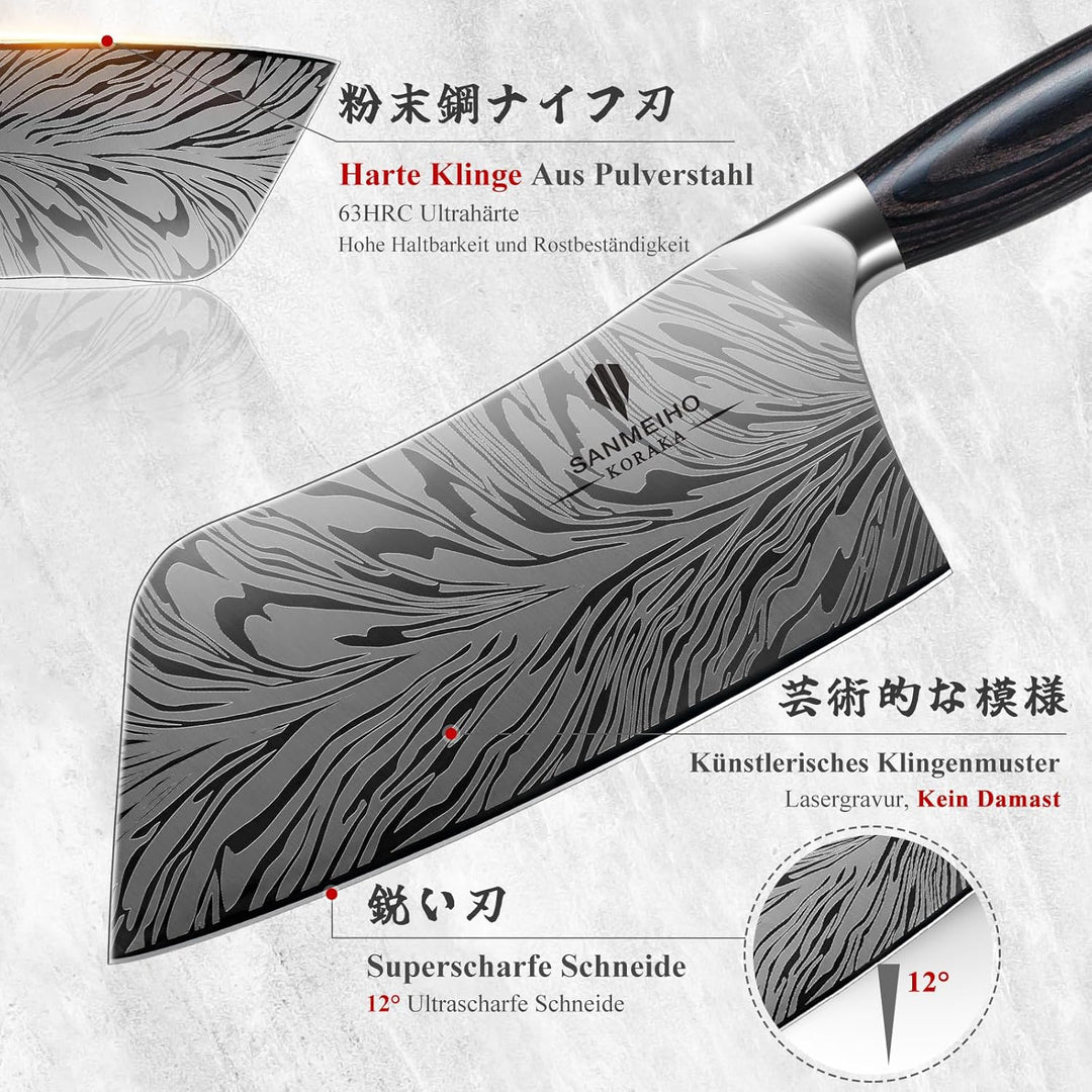 SANMEIHO Küchenmesser aus Pulverstahl, 18 cm Japanisches Hackmesser Kohlenstoffreicher 63 HRC-Stahl