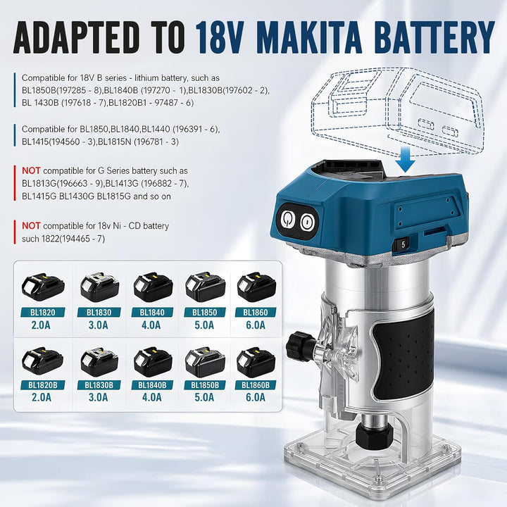 Akku Oberfräse Kompatibel mit Makita 18V Akku, 800W Bürstenloser Trimmer Einhandfräse Kantenfräser,