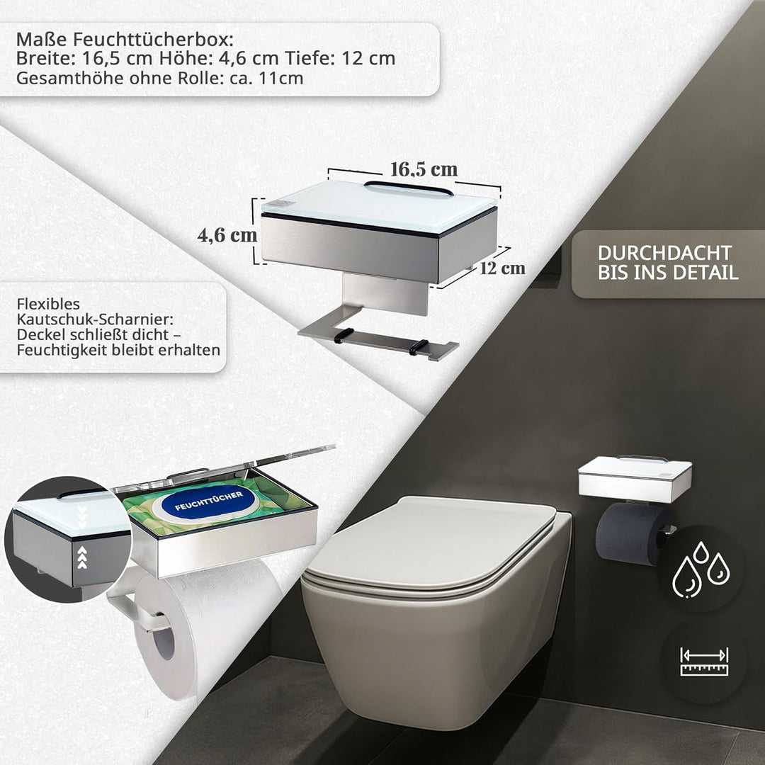 Toilettenpapierhalter mit Feuchttücherbox - Gehäuse Matt & Abdeckung Glas Weiss - befüllbar von Rech