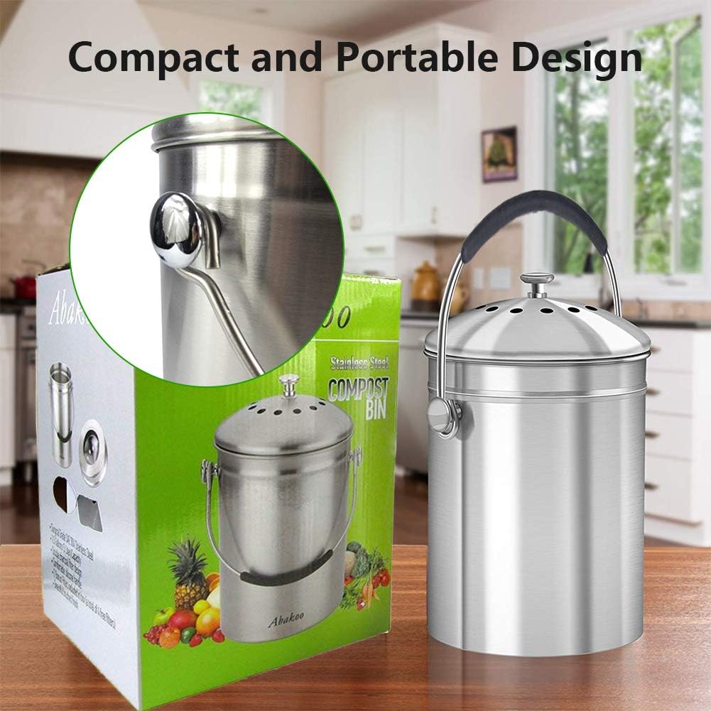 Komposteimer aus Edelstahl – 6 Liter Premium rostbeständig Grad 304 Edelstahl Küche Komposter – inkl