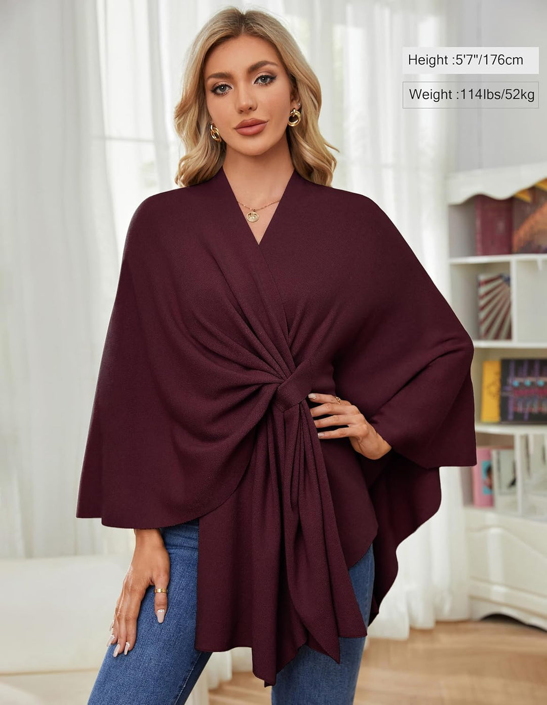 PULI Damen Elegant Poncho Strick Ponchos Capes Vorne öffnen Vielseitige Schalwickel mit Lasche Burgu