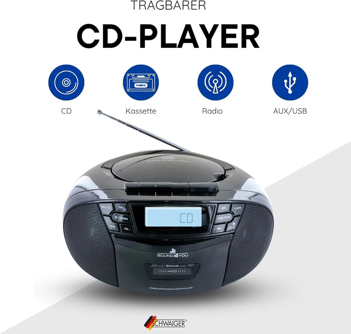 SCHWAIGER 658026 CD-Player mit Kassette und Radio MP3 USB Anschluss FM Radio AUX Kopfhörer Boombox N