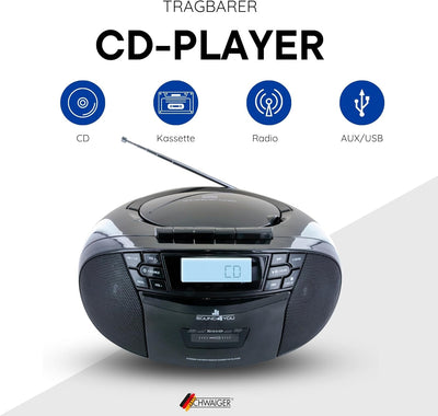 SCHWAIGER 658026 CD-Player mit Kassette und Radio MP3 USB Anschluss FM Radio AUX Kopfhörer Boombox N