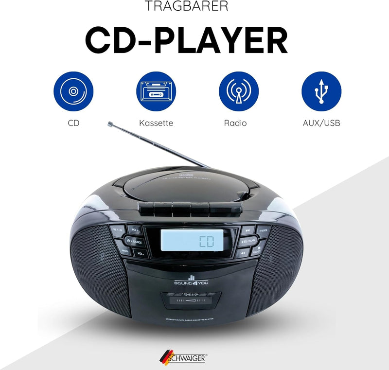 SCHWAIGER 658026 CD-Player mit Kassette und Radio MP3 USB Anschluss FM Radio AUX Kopfhörer Boombox N