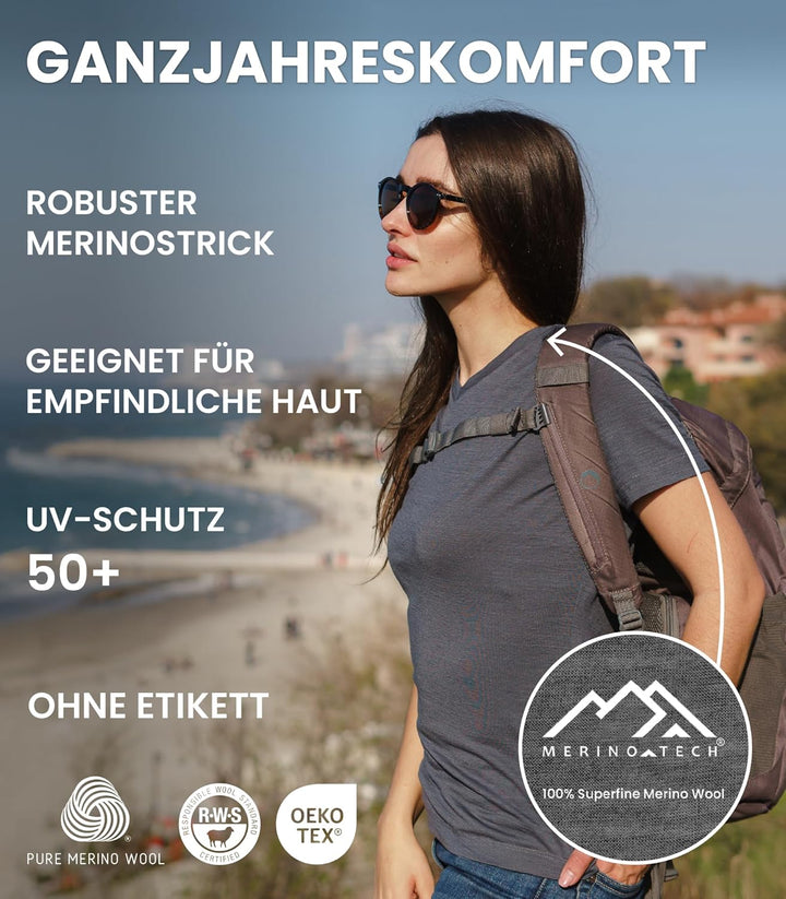 Merino.tech 100% Merino Shirt Damen Wandern - Merinowolle Tshirt Damen Kurzarm - Sport Thermo Unterh