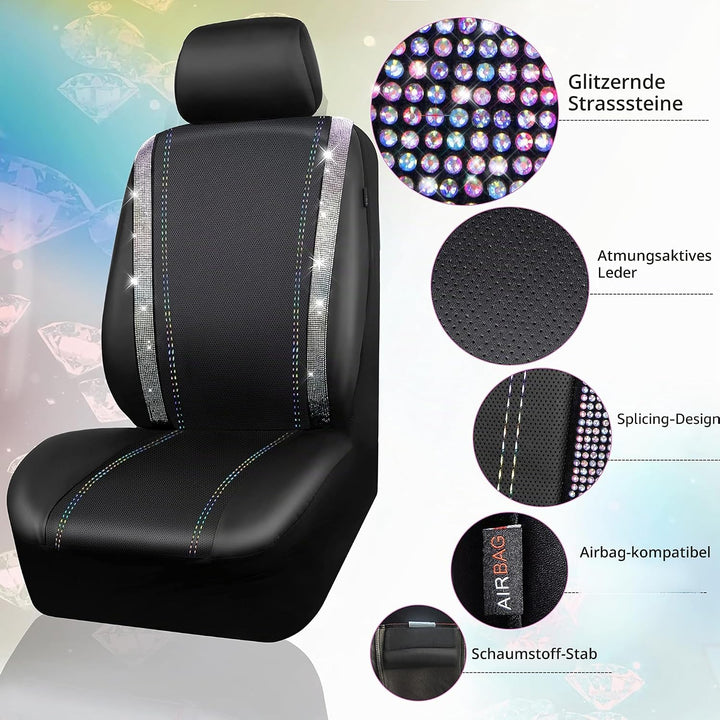 CAR PASS Wasserdicht Leder Autositzbezüge, Bling Diamant Komplettset Sitzbezug, Glänzend Kristall Gl