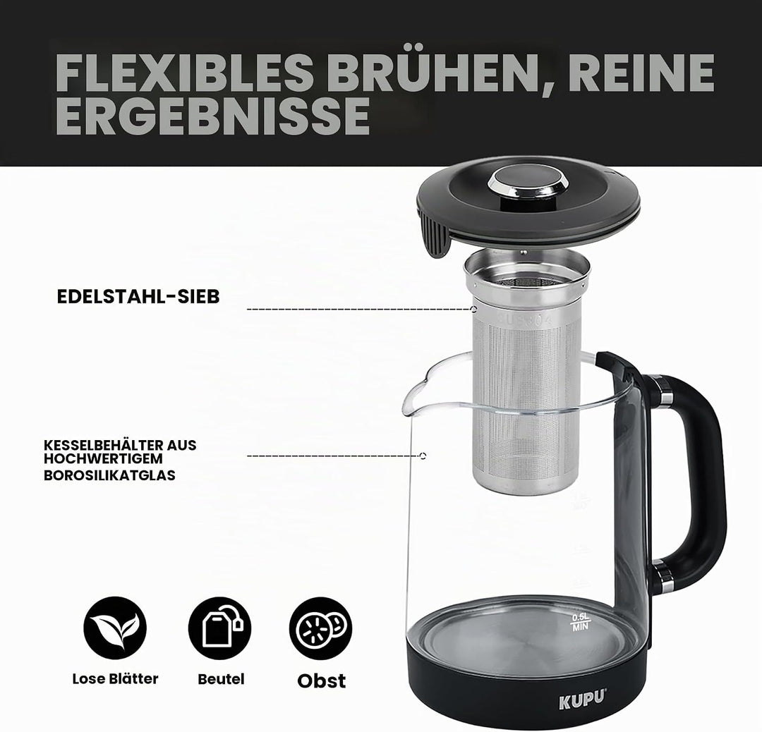 KUPU Glas Wasserkocher mit Temperatureinstellung, 1,6L Wasserkocher, 2200 Watt schnelles Aufheizen,