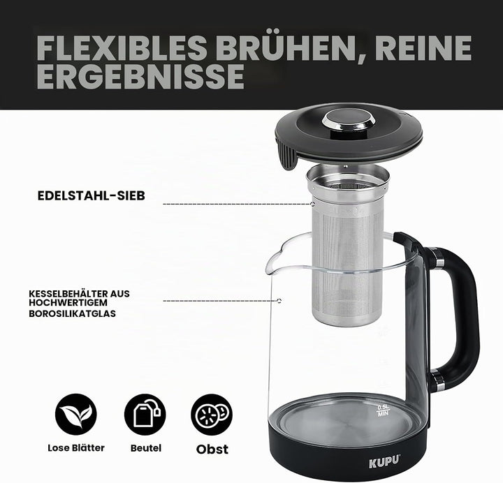 KUPU Glas Wasserkocher mit Temperatureinstellung, 1,6L Wasserkocher, 2200 Watt schnelles Aufheizen,