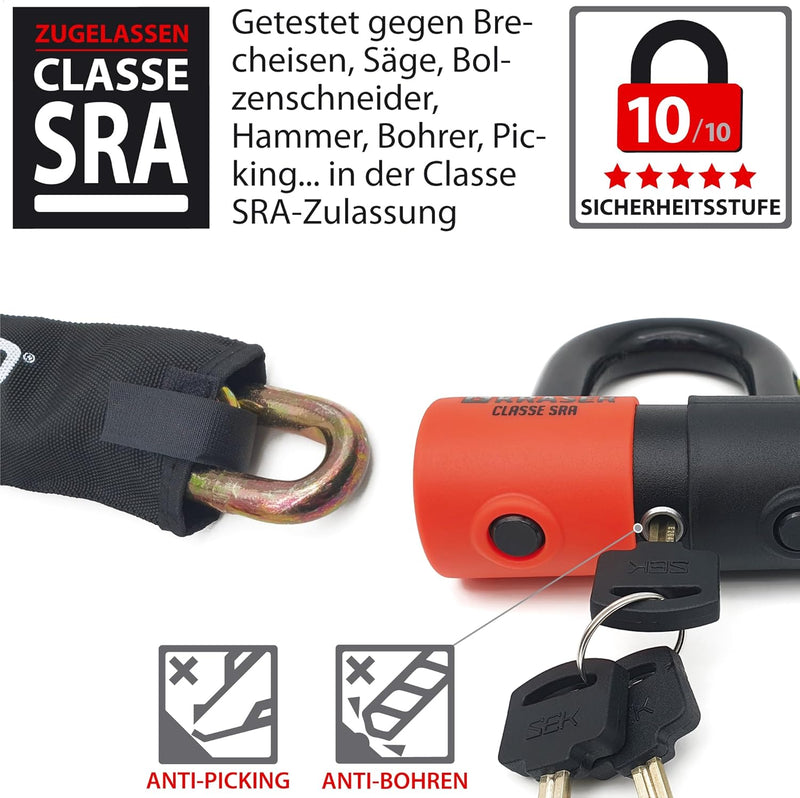 KRASER KR50120 Kettenschloss Schloss Motorrad-Scheibensperre gegen Diebstahl Mini U ø18 + Kette 120