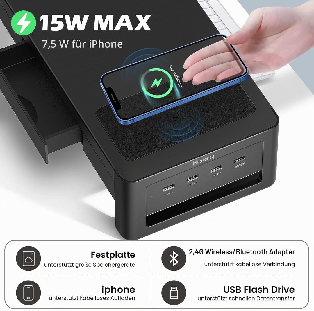 meatanty Monitorständer, 3 in 1 Monitorständer mit USB-Anschlüssen, kabellosem Ladegerät und Schubla