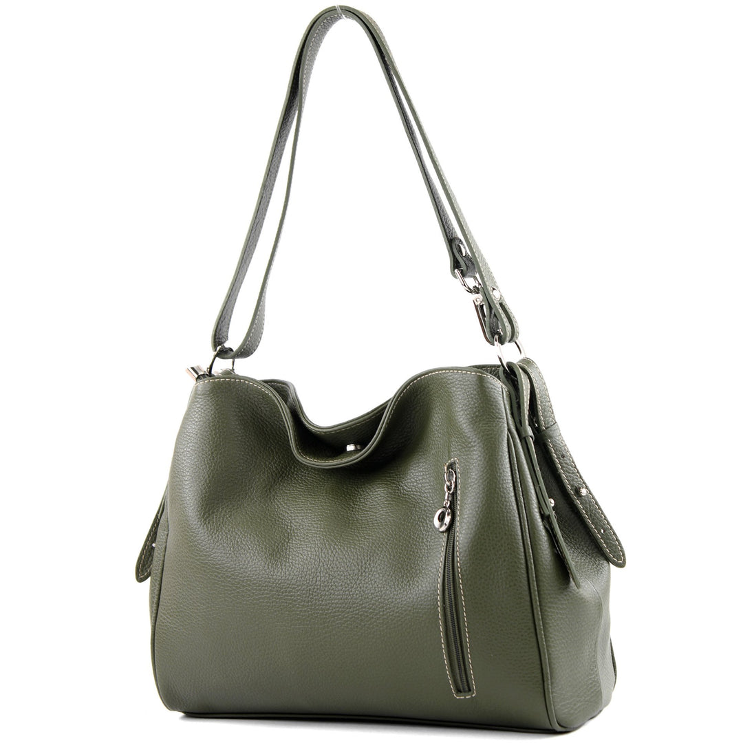 modamoda de - T119 - ital Schultertasche Umhängetasche aus Leder Armeegrün, Armeegrün