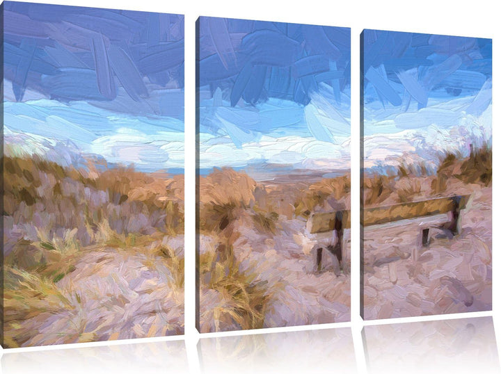 Pixxprint Bank in den Dünen mit Blick auf das Meer Kunst Pinsel Effekt 3-Teiler Leinwandbild 120x80