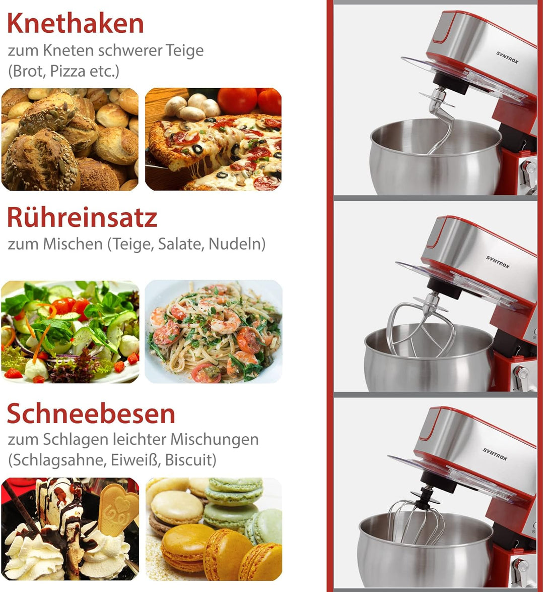 Syntrox Germany KM-1300W de Luxe Marseille Küchenmaschine Knetmaschine Mixer, Edelstahl-Behälter, 6