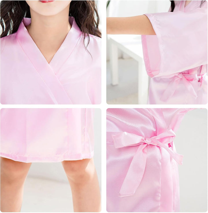 LYCN 12 Stück Mädchen Morgenmantel, Kinder Kimono Bademantel aus Seidensatin mit 6 Schleifen-Stirnbä
