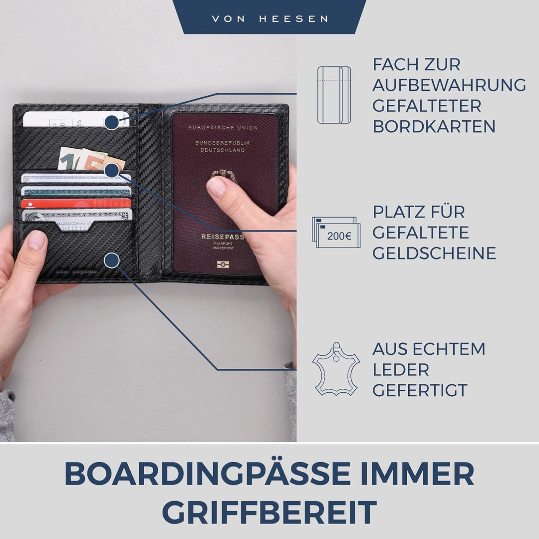 VON HEESEN® Reisepasshülle Etui mit RFID-Schutz - Passhülle Passport Reisepass Mappe Hülle Organizer