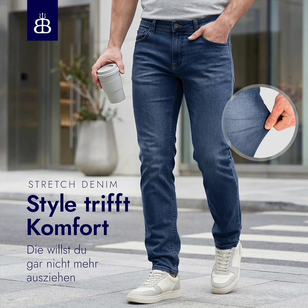 BARBONS Herren Jeans - Bügelleicht - Regular-Fit Stretch - Business Freizeit - Hochwertige Jeans-Hos