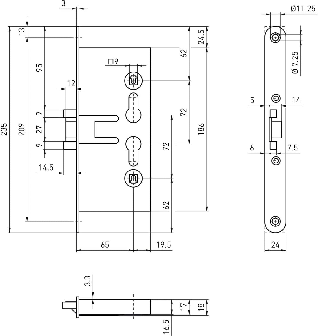 BMH Fluchttürschloss Türschloss DM65 PZ72 universal, 1-flügelig Stulp 24 mm ohne Rosettenlöcher, Ede
