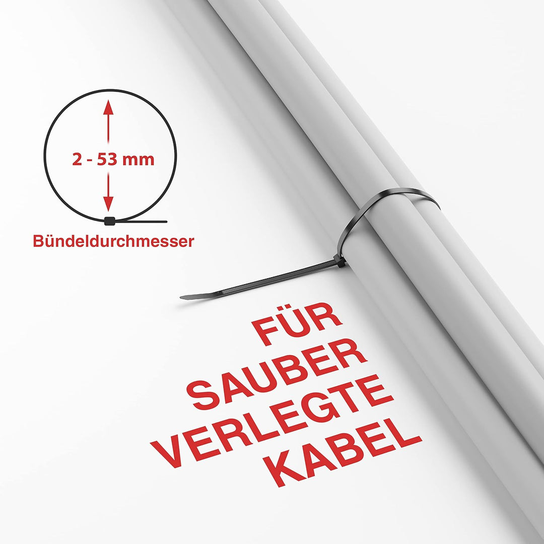 HeiKab 1000 Kabelbinder 200 x 3,6 mm - UV-Beständig - Mindestzugfestigkeit 180 N / 18,3 kg - Schwarz