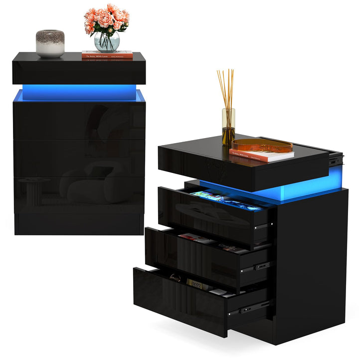 Lvhcmfohm Nachttisch Schwarz 2er Set, Nachtschrank mit Led Licht, Nachtkommode mit 3 Schubladen und