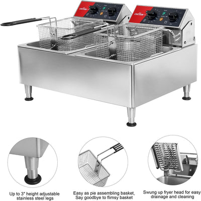 CROSSON 12L Elektrische Fritteuse mit doppeltem Tank und rotierendem Fritteusenkopf, 30-Minuten-Time