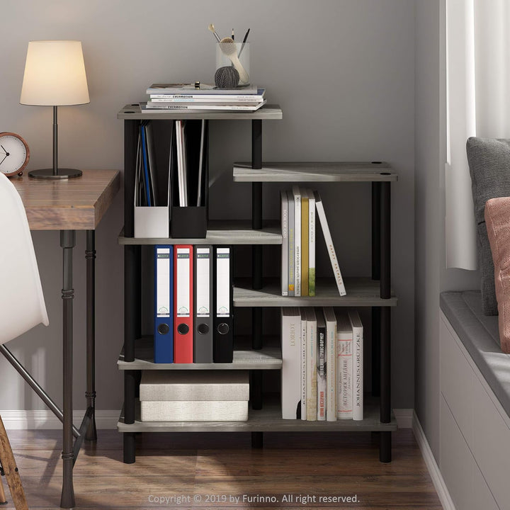 Furinno Akzent-Deko-Regal mit unterschiedlichen Ebenen, holz, Französische Eiche Grau/Schwarz, 29.49