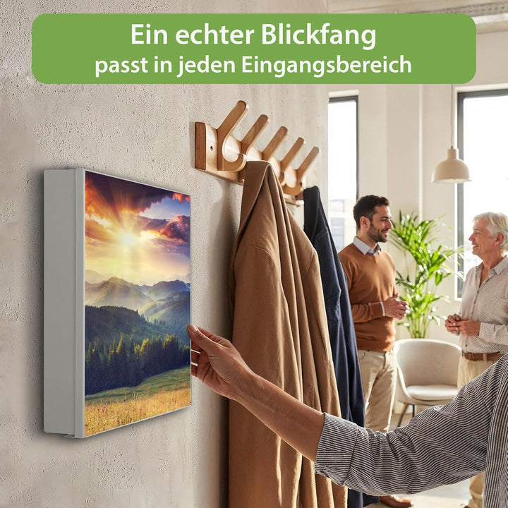 banjado® Grosser Schlüsselkasten Glas/Schlüsselbox 30cm x 30cm mit 50 Haken - Motiv Karpaten Sunset/