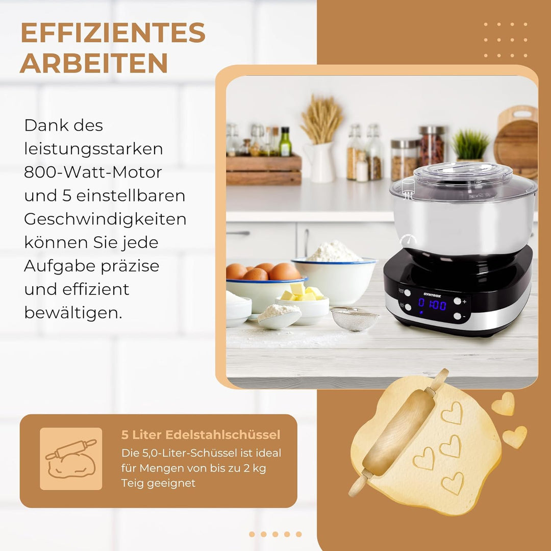 Syntrox Küchenmaschine & Knetmaschine Zaurak 5 Liter, Multifunktionale Aufsätze, Küchenmaschine mit
