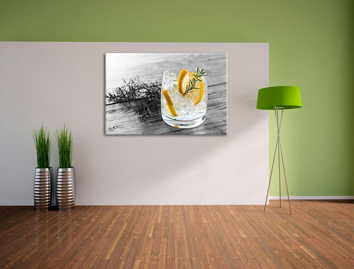 Drink garniert mit Zitrone und Rosmarin schwarz/weiss Format: 100x70 auf Leinwand, XXL riesige Bilde