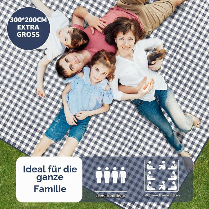 Picknickdecke, wasserdicht, 300 x 200 cm, grosse Stranddecke, sanddichte Picknickmatte mit Tragegrif