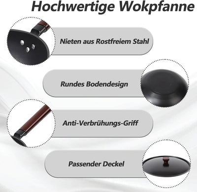 W&H 32cm/5,2L Wokpfanne mit Deckel,Ohne Chemische Beschichtung,Gusseisen Wok zum Kochen, Braten und