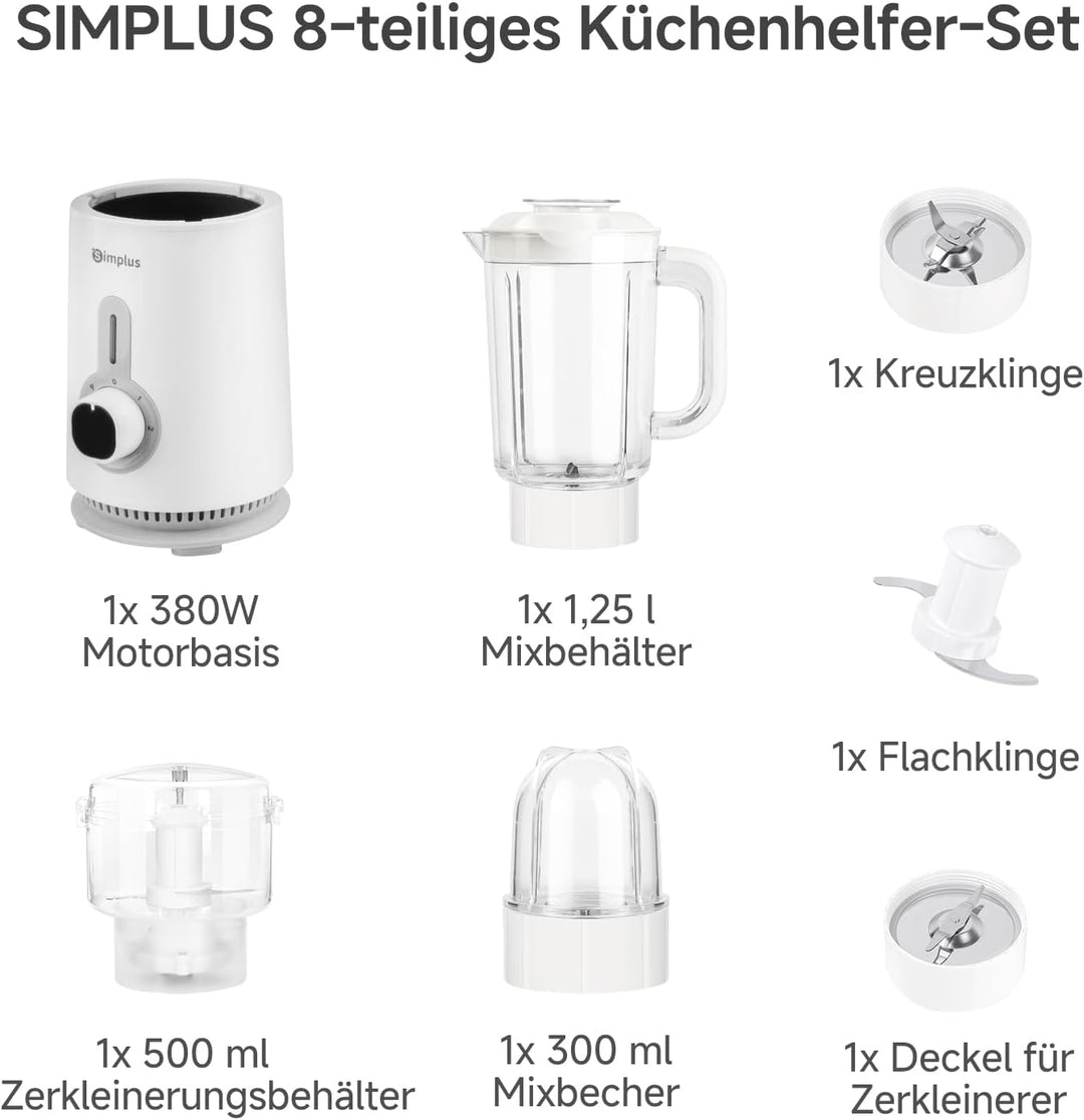 Simplus 3-in-1 Multifunction Stand Mixer, 1250 ml Mixkrug, 500 ml Fleischbecher & 300 ml Mahlbecher,