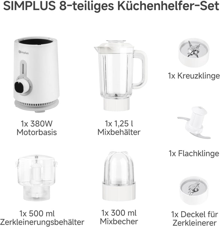 Simplus 3-in-1 Multifunction Stand Mixer, 1250 ml Mixkrug, 500 ml Fleischbecher & 300 ml Mahlbecher,