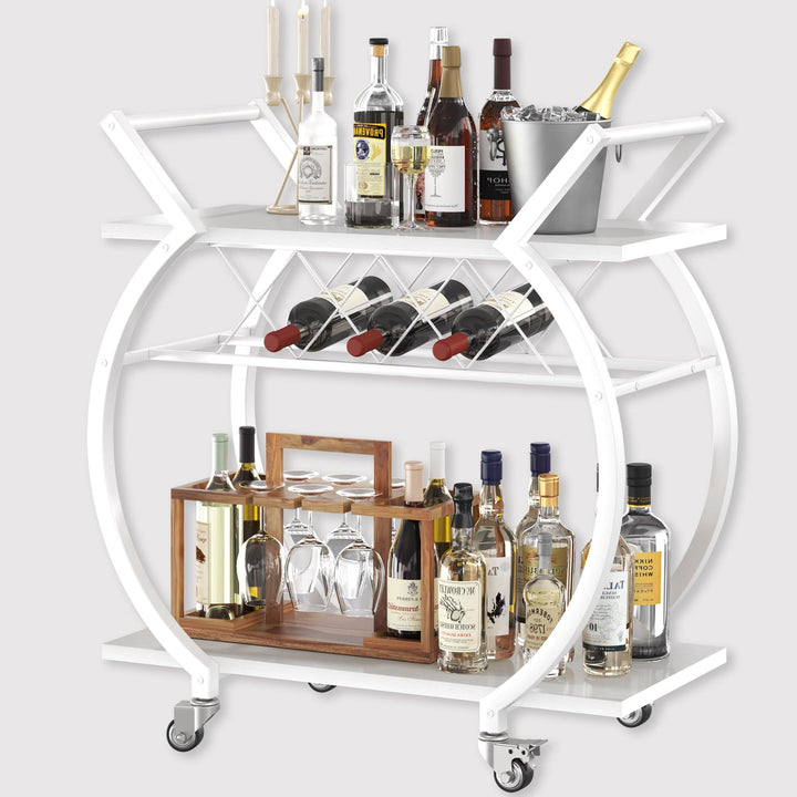 LVB Servierwagen, Küchenwagen mit Rollen, Barwagen mit 2 Ebenen und Weinregal, Weinwagen aus Holz, G