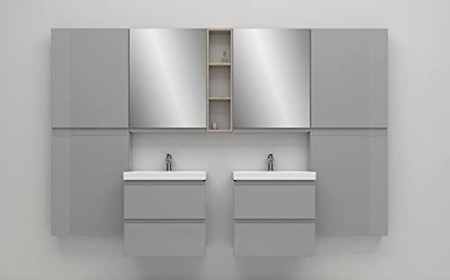 VBChome Badmöbel Slim 60 cm Grau mit Armatur und Pop-up ventil Waschbecken mit Unterschrank Waschtis