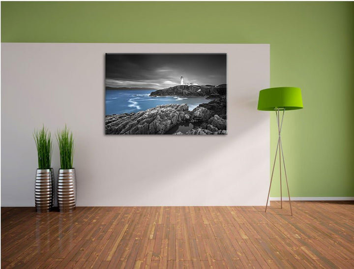Leuchtturm an traumhaft blauem Meer schwarz/weiss Format: 100x70 auf Leinwand, XXL riesige Bilder fe