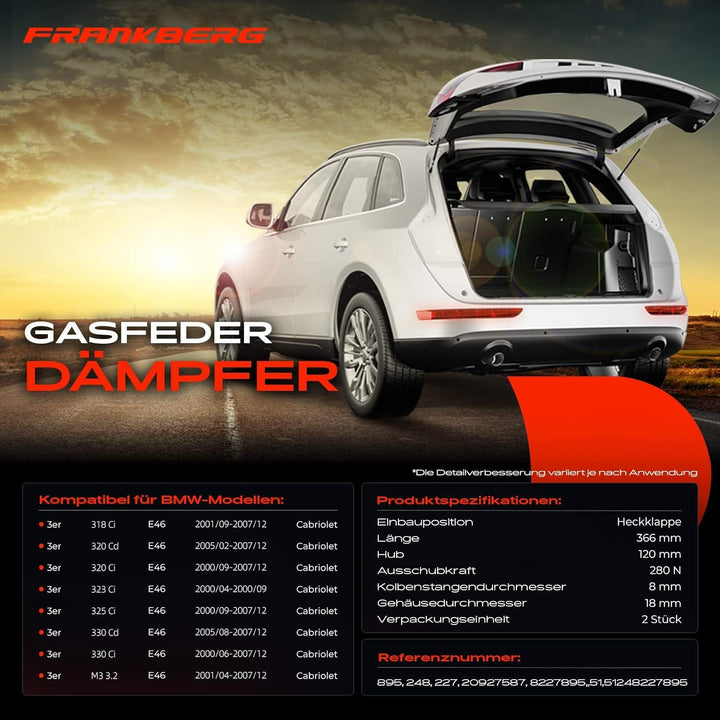 Frankberg 2x Gasfeder Dämpfer Heckklappe Kompatibel mit 3er E46 318 320 323 325 330 M3 Cabriolet 200