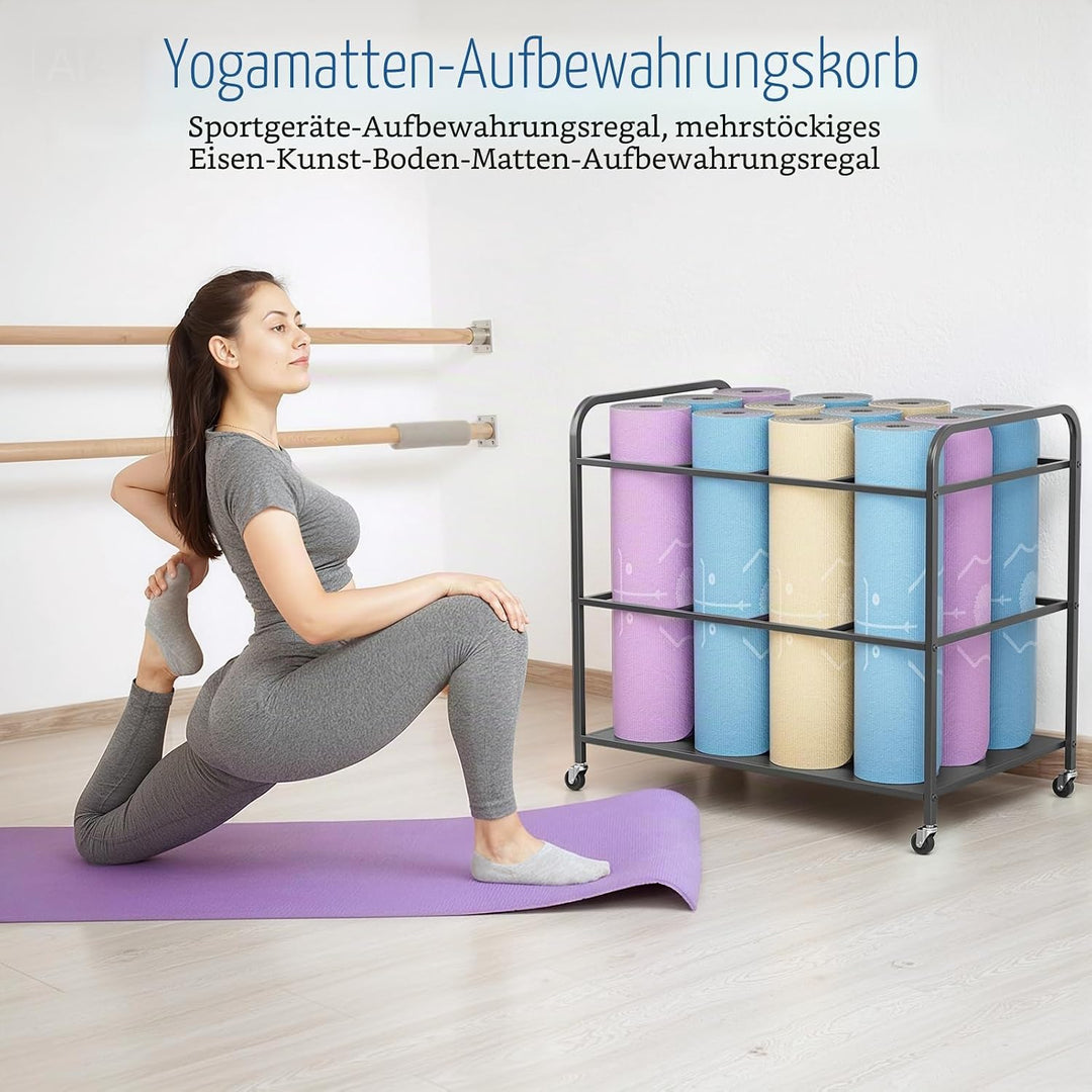 Yogamattenhalter mit Rädern, robustes Aufbewahrungsregal für 12 Matten – rollender mobiler Wagen die