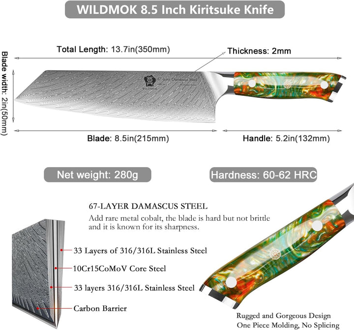 WILDMOK Kiritsuke-Messer, 21 cm Damaszener-Küchenmesser aus japanischem Damaszenerstahl, hochwertige
