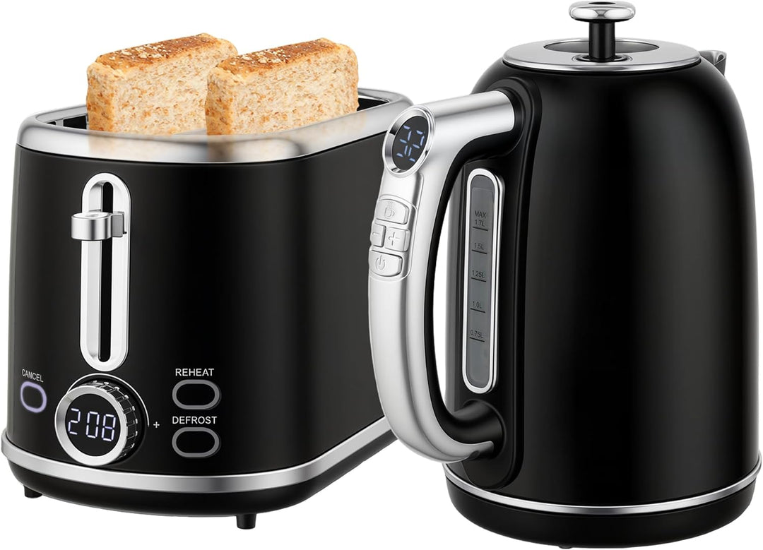 HOMCOM Wasserkocher Toaster Set 1,7L Edelstahl Wasserkocher 2 Scheiben Toaster mit 6 Bräunungsstufen