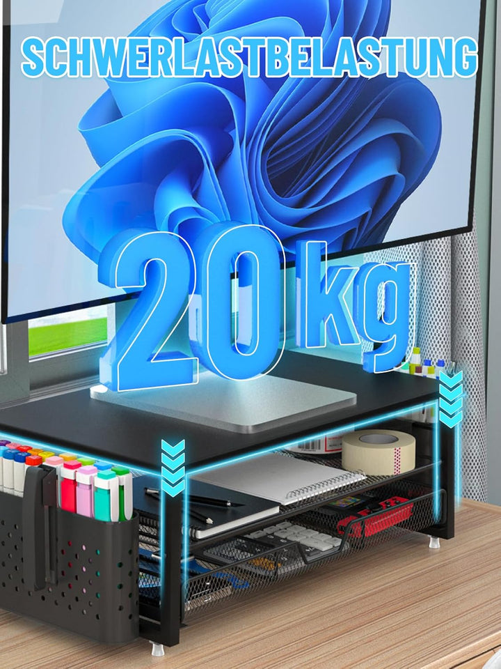 Monitor Ständer mit 2 Ebenen,Druckerständer, Monitorständer mit Gitterplattform, Schublade und Stift