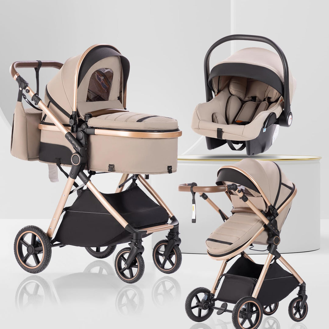 Kinderwagen 3 in 1 mit Babywanne, Reisesystem-Korb ist faltbar, Babywagen-Griff ist verstellbar, die