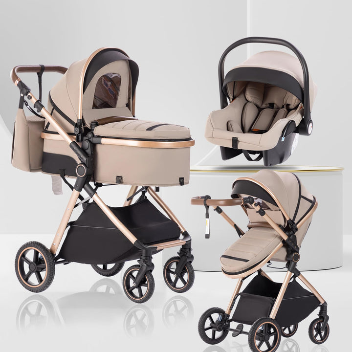 Kinderwagen 3 in 1 mit Babywanne, Reisesystem-Korb ist faltbar, Babywagen-Griff ist verstellbar, die