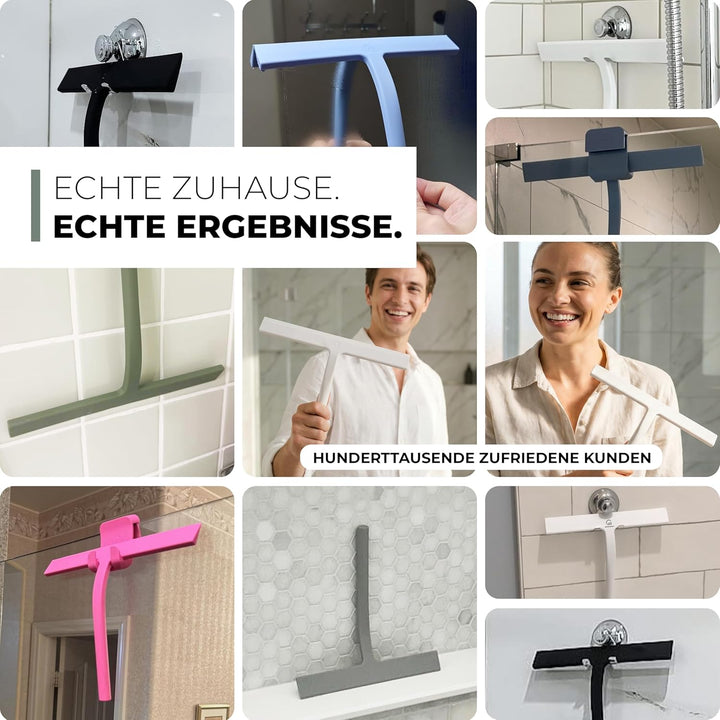 GÜTEWERK Duschabzieher Set mit Haken - weiss 23 cm - ohne Bohren breiter Silikon Abzieher Dusche Bad