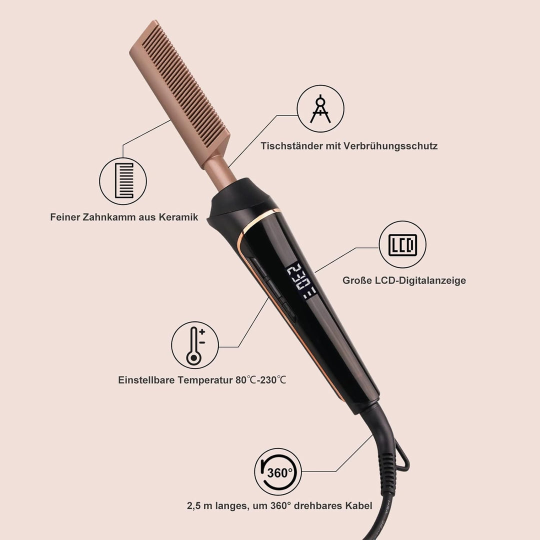 80°C-230°C Hot Comb for Afro hair/Lace wigs/Bart, janelove Keramik Glättkamm mit HD LCD Anzeige, Sch