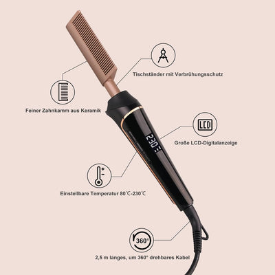 80°C-230°C Hot Comb for Afro hair/Lace wigs/Bart, janelove Keramik Glättkamm mit HD LCD Anzeige, Sch