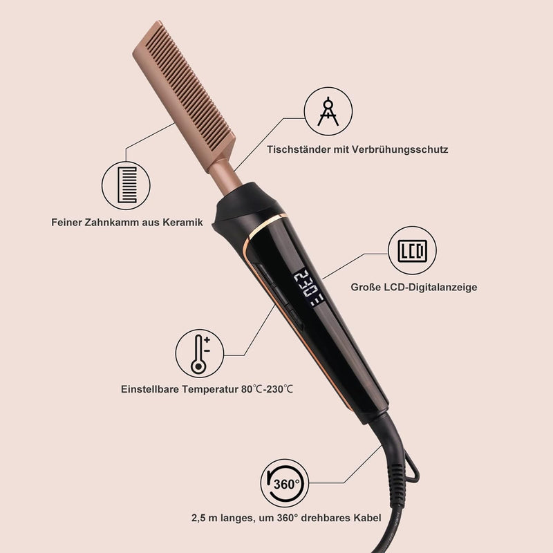 80°C-230°C Hot Comb for Afro hair/Lace wigs/Bart, janelove Keramik Glättkamm mit HD LCD Anzeige, Sch
