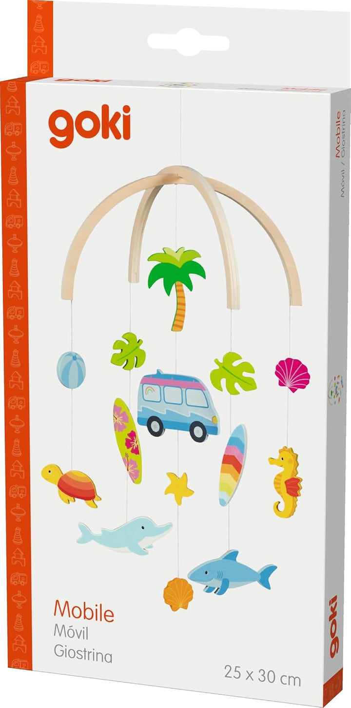 goki 52865 - Mobile Surfer Van aus Holz, beruhigendes Holz-Mobile mit niedlichen Figuren, Thema Meer