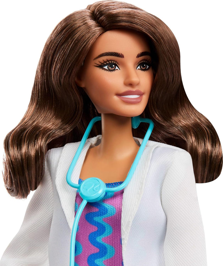 Barbie Karriere Ärztin-Modepuppe mit Abnehmbarer Kleidung, weissem Arztkittel, Kleid und Schuhen sow